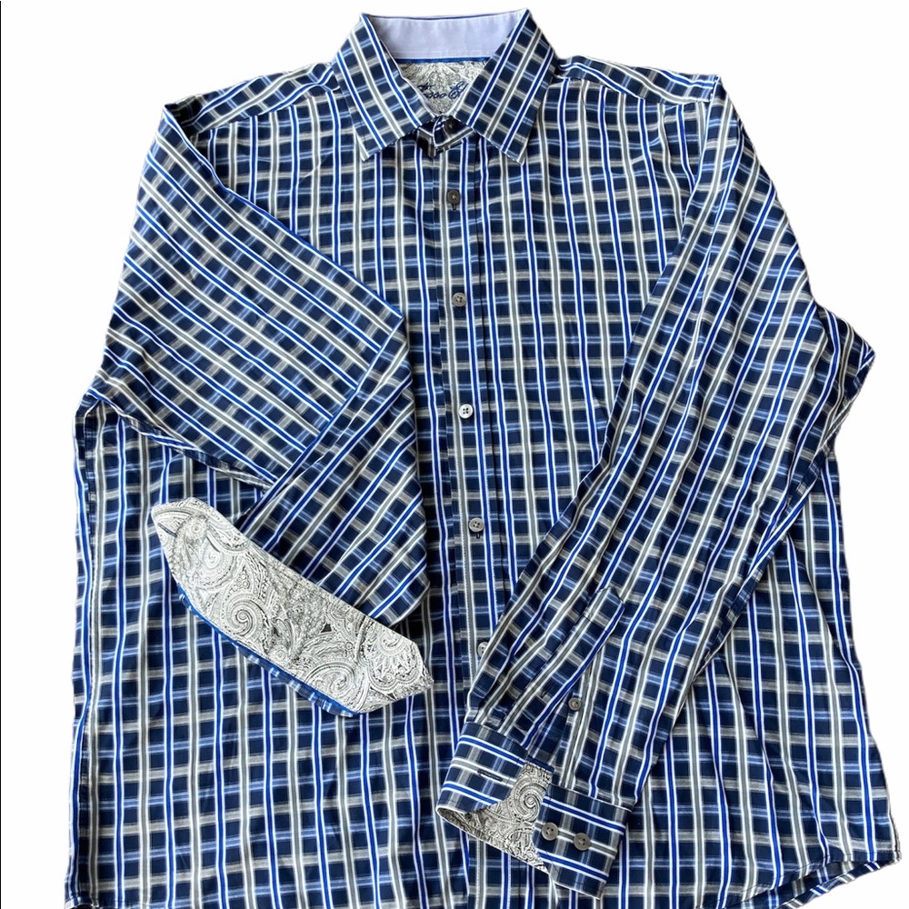 Tasso Elba Paisley Shirt Cuffs Business Casual Blue Gray Plaid Large 16” 16.5”